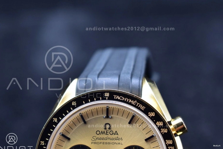 RMF Strap on Gold YG Chrono in Best Black YG Manual Moonshine Speedmaster Moonwatch Edition Dial Rubber 0113